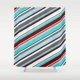 [ Thumbnail: Eyecatching Dim Grey, Light Blue, Turquoise, Dark Red, and Light Cyan Colored Lines Pattern Shower Curtain ]