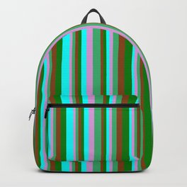 [ Thumbnail: Eye-catching Brown, Green, Cyan, Plum, and Sea Green Colored Stripes Pattern Backpack ]