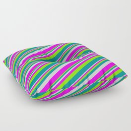 [ Thumbnail: Light Grey, Fuchsia, Green, and Dark Cyan Colored Lines/Stripes Pattern Floor Pillow ]