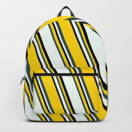 [ Thumbnail: Yellow, Dark Slate Gray, Mint Cream & Black Colored Stripes/Lines Pattern Backpack ]