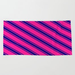 [ Thumbnail: Deep Pink and Blue Colored Striped/Lined Pattern Beach Towel ]
