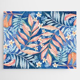 Watercolor Leaves and Flowers - Orange and Indigo Jigsaw Puzzle