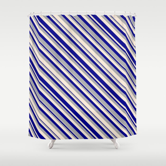 Dark Gray, Beige, and Dark Blue Colored Lined Pattern Shower Curtain
