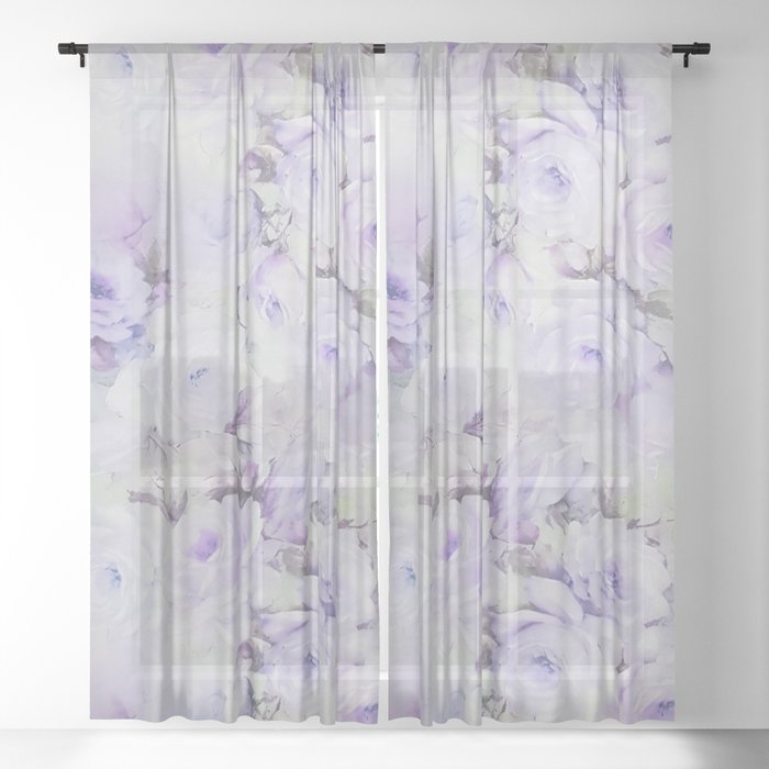 Vintage Lavender Gray Botanical Roses Floral Sheer Curtain By