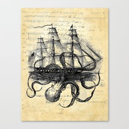 Kraken Octopus Attacking Ship Multi Collage Background Canvas Print