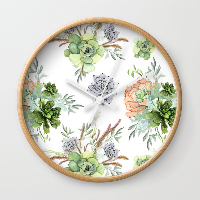 Succulents Mint Green Lavender Lilac Coral Violet Pattern Wall Clock