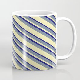 [ Thumbnail: Slate Gray, Pale Goldenrod & Midnight Blue Colored Striped/Lined Pattern Coffee Mug ]