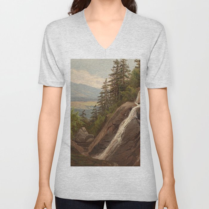 Birch Mountains and Valley Waterfall landscape apinting by Alfred Thompson Bricher V Neck T Shirt