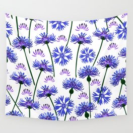  Garden with cornflowers, wild flowers, white background. Wall Tapestry