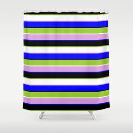 [ Thumbnail: Eyecatching Plum, Blue, Black, Green, and White Colored Striped/Lined Pattern Shower Curtain ]