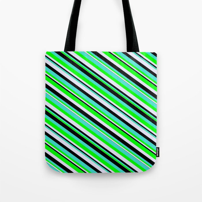 Turquoise, Lime, Lavender, and Black Colored Stripes/Lines Pattern Tote Bag