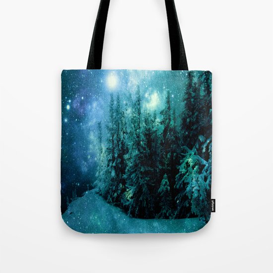 Galaxy Winter Forest Blue Teal Tote Bag