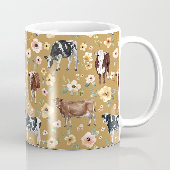 Cows and Flowers Illustration on Golden Yellow  Coffee Mug