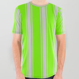 [ Thumbnail: Green & Light Gray Colored Lined/Striped Pattern All Over Graphic Tee ]