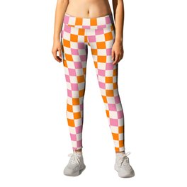 Coral Pink + Orange Checkered Pattern Leggings