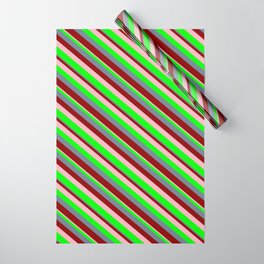 [ Thumbnail: Slate Gray, Dark Red, Light Pink, and Lime Colored Stripes/Lines Pattern Wrapping Paper ]