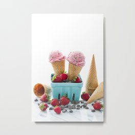 Strawberry Ice Cream Metal Print | Fruit, Food, Turquoise, Pink, Color, Whitebackground, Cone, Strawberry, Marble, Dessert 