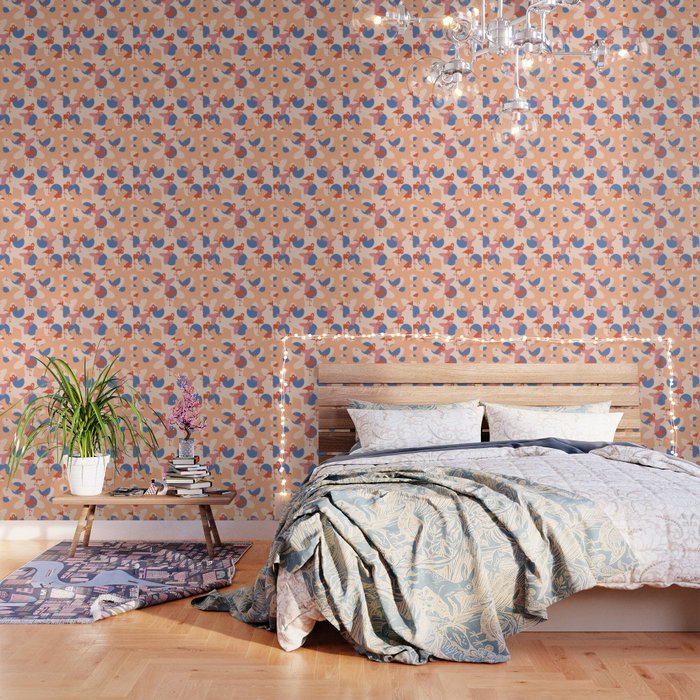 Flamingo And Leaves Pattern Coral Blue Wallpaper By Byjwp