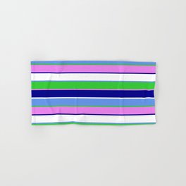 [ Thumbnail: Cornflower Blue, Lime Green, Violet, Dark Blue & White Colored Stripes/Lines Pattern Hand & Bath Towel ]