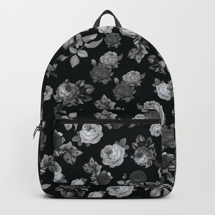Black and White Roses on Black Background Backpack