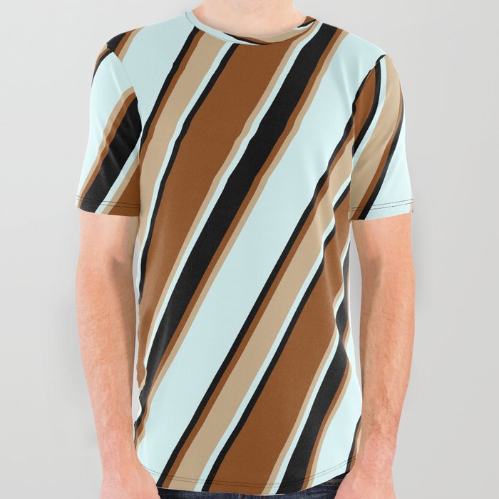 Brown, Tan, Light Cyan & Black Colored Striped/Lined Pattern All Over Graphic Tee
