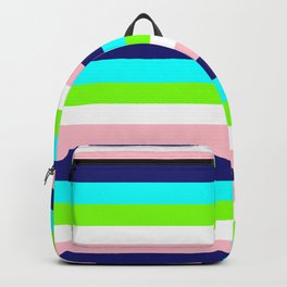 [ Thumbnail: Pink, Midnight Blue, Cyan, Chartreuse, and White Colored Lined/Striped Pattern Backpack ]
