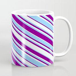 [ Thumbnail: Purple, Mint Cream, and Light Sky Blue Colored Lined/Striped Pattern Coffee Mug ]