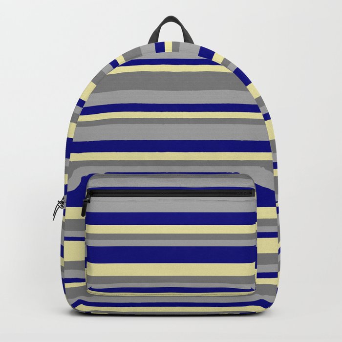 Dark Gray, Blue, Pale Goldenrod, and Gray Colored Striped Pattern Backpack