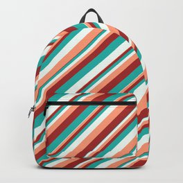 [ Thumbnail: Light Sea Green, Mint Cream, Light Salmon, and Brown Colored Striped Pattern Backpack ]