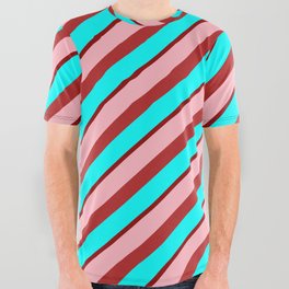 [ Thumbnail: Light Pink, Red, Aqua & Dark Red Colored Stripes/Lines Pattern All Over Graphic Tee ]