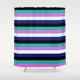 [ Thumbnail: Light Sea Green, Orchid, Light Cyan, Midnight Blue & Black Colored Striped/Lined Pattern Shower Curtain ]