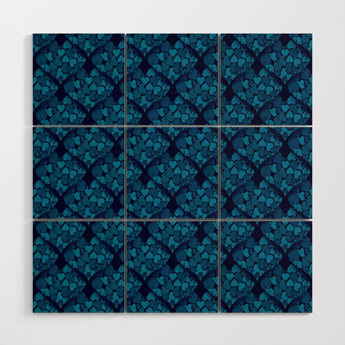 When Hearts Meet Together Pattern - Blue Grey Hearts (On Blue) Wood Wall Art