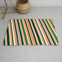 [ Thumbnail: Eye-catching Forest Green, Black, Plum, Dark Orange, and White Colored Striped Pattern Rug ]