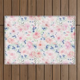 Midsummer Watercolor Roses And Blueberries  Outdoor Rug