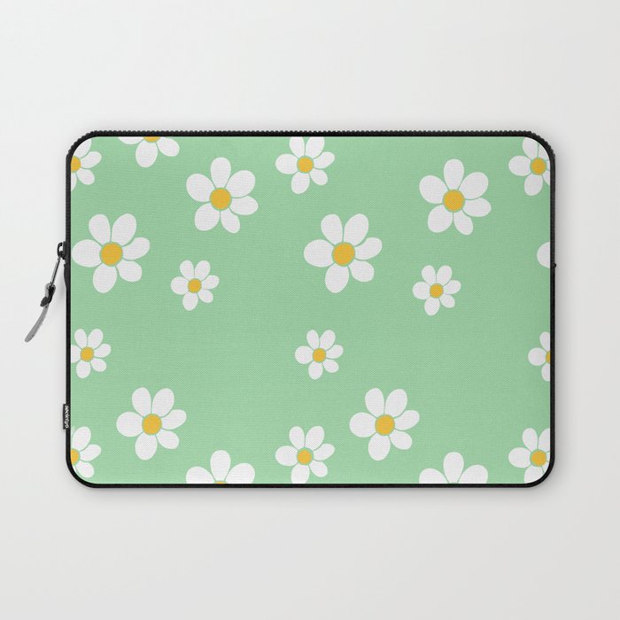 Cute Pastel Green Daisy Flowers Pattern Laptop Sleeve