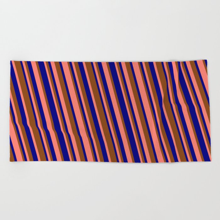 Blue, Brown & Salmon Colored Stripes Pattern Beach Towel