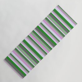 [ Thumbnail: Vibrant Forest Green, Dim Grey, Dark Sea Green, Plum, and Lavender Colored Lined/Striped Pattern Yoga Mat ]