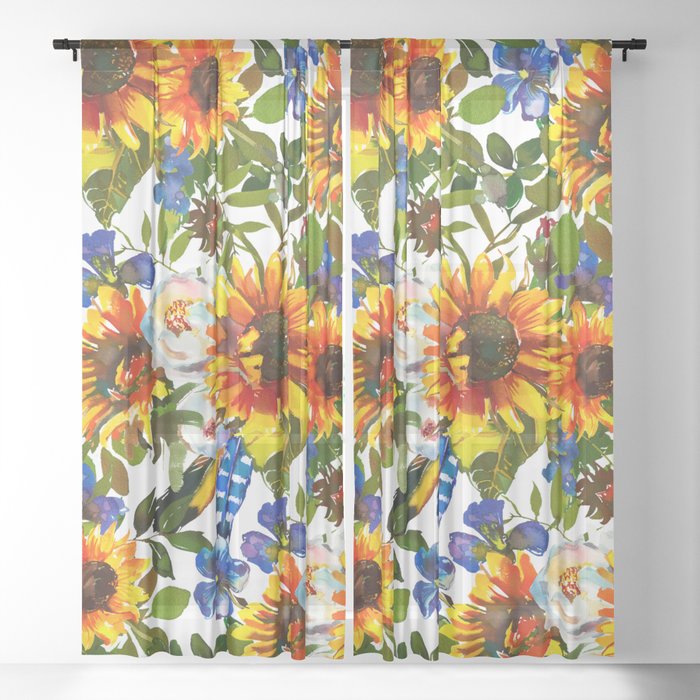 Navy blue yellow orange watercolor sunflower floral Sheer Curtain