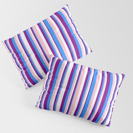 [ Thumbnail: Pink, Blue, Purple, and White Colored Stripes/Lines Pattern Pillow Sham ]