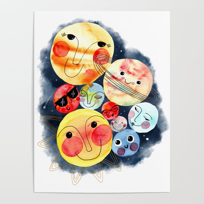 Planet Friends - Kids Universe Galaxy Outerspace Solar System Watercolor Poster