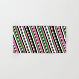 [ Thumbnail: Hot Pink, Forest Green, Mint Cream & Black Colored Stripes Pattern Hand & Bath Towel ]