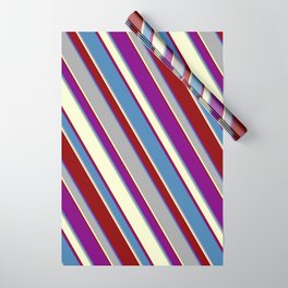 [ Thumbnail: Colorful Purple, Blue, Dark Grey, Light Yellow, and Dark Red Colored Striped/Lined Pattern Wrapping Paper ]