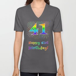 [ Thumbnail: 41st Birthday - Fun Rainbow Spectrum Gradient Pattern Text, Bursting Fireworks Inspired Background V Neck T Shirt V-Neck T-Shirt ]