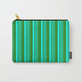 [ Thumbnail: Cyan and Forest Green Colored Stripes Pattern Carry-All Pouch ]