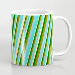[ Thumbnail: Turquoise, Beige, Dark Green, Green & Sky Blue Colored Pattern of Stripes Coffee Mug ]