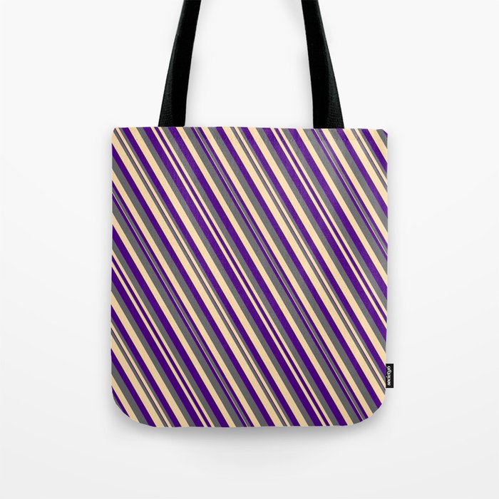 Indigo, Dim Grey, and Tan Colored Lined Pattern Tote Bag