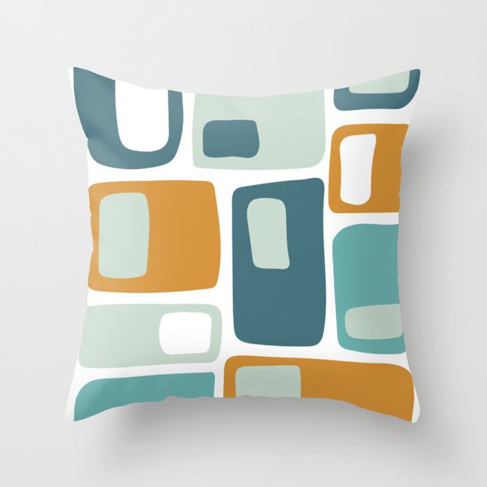 Mid Century Funky Squares and in Teal, Turquoise, Aqua and Orange Throw Pillow