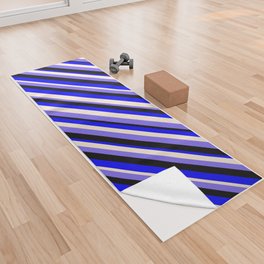 [ Thumbnail: Blue, Beige, Medium Slate Blue & Black Colored Stripes Pattern Yoga Towel ]