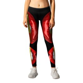 Biting The Bullet Red Lips on Black Leggings | Red, Gold, Cartoon, Copper, Bite, Graphicdesign, 3D, Mouth, Shiny, Teeth 