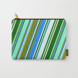 [ Thumbnail: Aquamarine, Green, Blue, Mint Cream, and Dark Green Colored Lined/Striped Pattern Carry-All Pouch ]